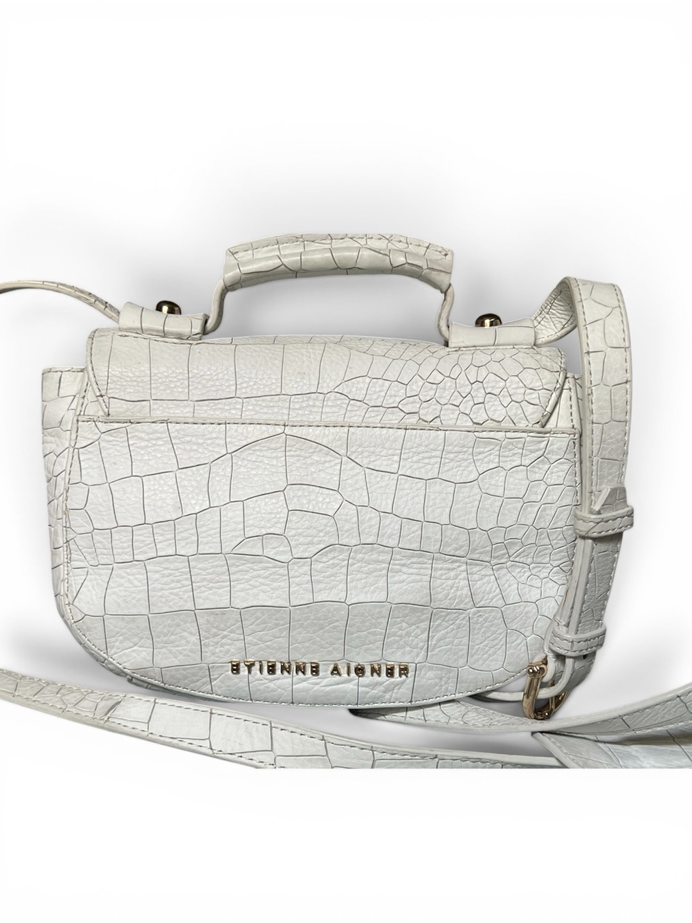Etienne Aigner White Croc Embossed Leather Saddle Bag Mini Top Handle Crossbody